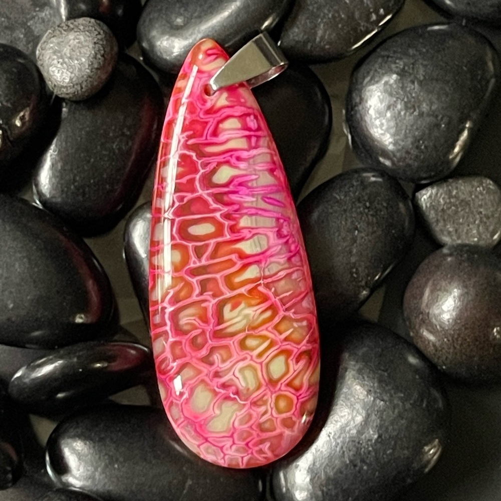 Pink Agate Pendant Natural Stone 1 1/4 x 2” Teardrop Shape. Great gift.